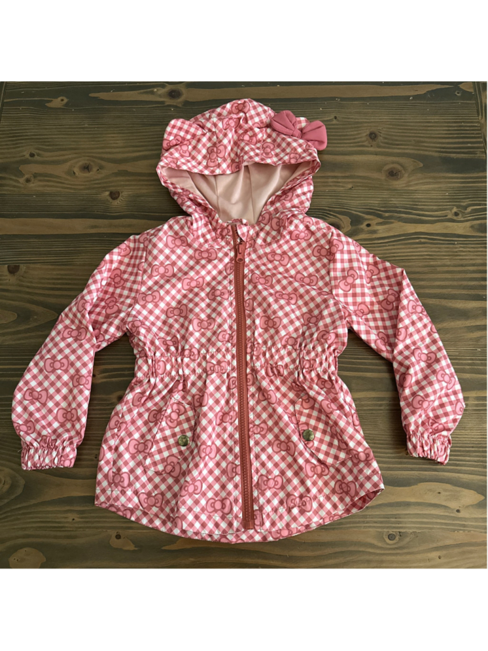 Hello Kitty Sanrio Girls Pink Gingham Hooded Jacket Size 5 Bow Ears Full Zip